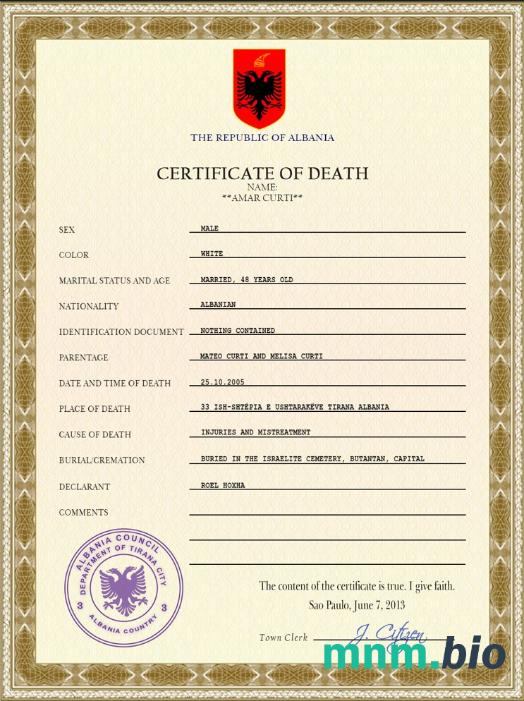 Albania śmierć certyfikat PSD